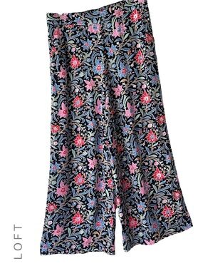 LOFT NWOT FLORAL PULL-ON WIDE LEG FLUID PANTS POCKETS NAVY PINK | SMALL